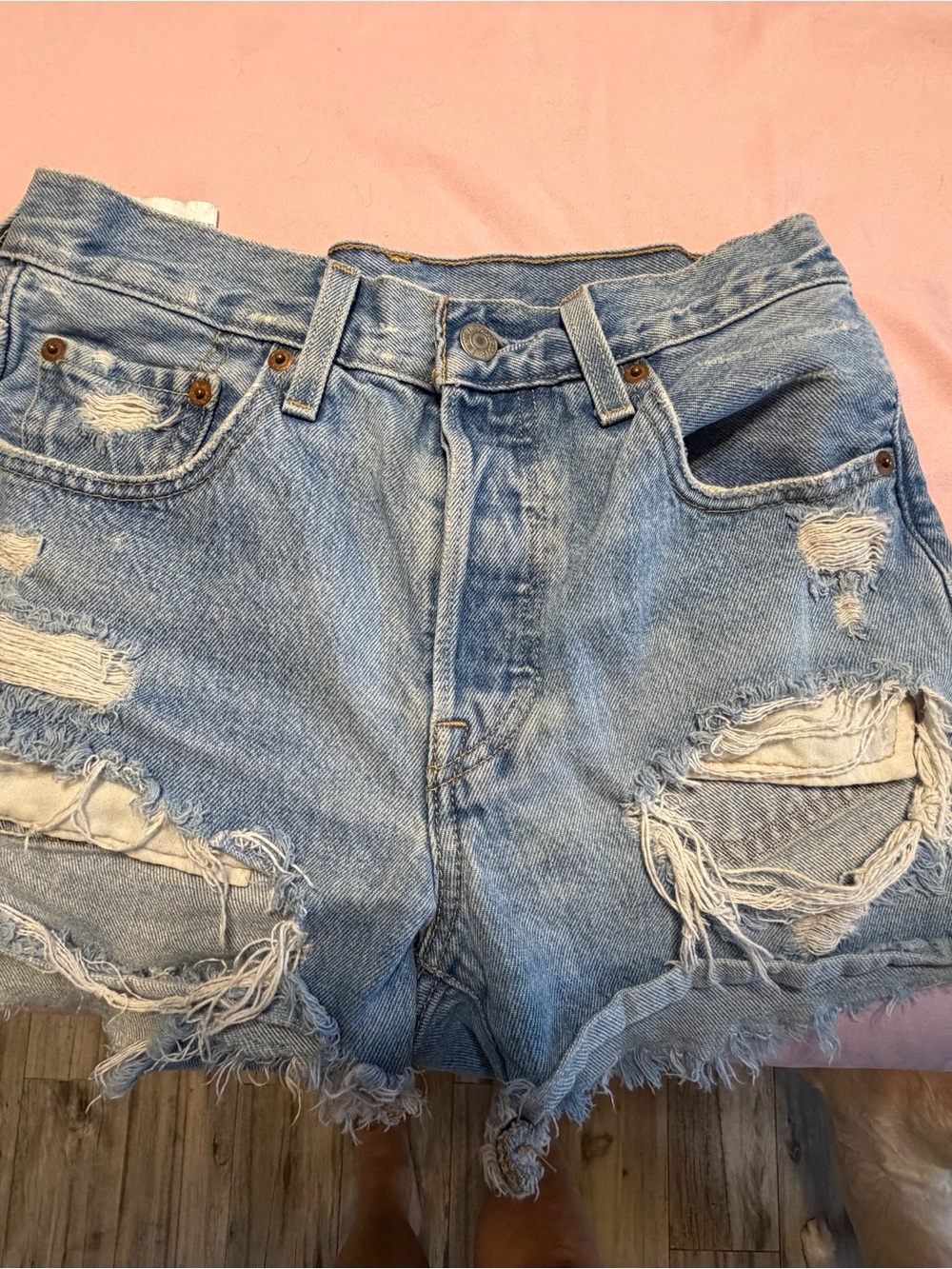 Levi's Light Blue Distressed High-Rise Denim Shorts